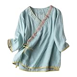 Camiseta Mujer Lino Algodón Manga Corta Camisa Estilo Chino Blusa Ligero Verano Moda Casual Color Sólido Cómodo Suelto Cuello en V Cordón Tops T-Shirt Elegante Basic tee Talla Grande