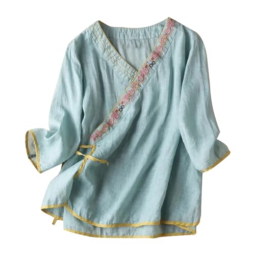 Camiseta Mujer Lino Algodón Manga Corta Camisa Estilo Chino Blusa Ligero Verano Moda Casual Color Sólido Cómodo Suelto Cuello en V Cordón Tops T-Shirt Elegante Basic tee Talla Grande