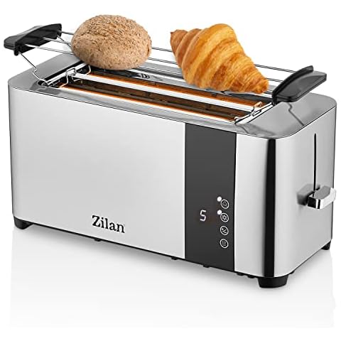 Toaster Edelstahl mit Brötchenaufsatz | Toaster 4 Scheiben | Doppelschlitz Toaster | 7 Stufen | Krümelschublade | LCD Display Touchscreen Cover