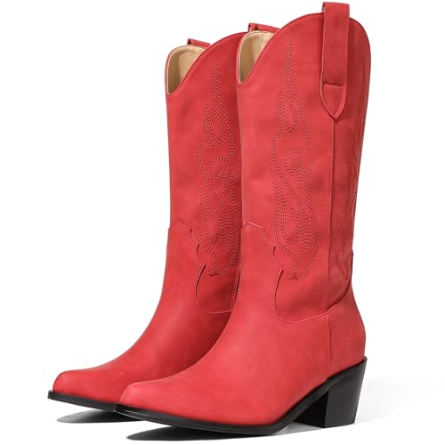 Image of AOSPHIRAYLIAN Cowboy Boots for Women Retro Pointed Toe Pull On Block Chunky Heel Glitter Sparkly Metallic Embroidecamel Country Concert Outfits Calf Western Cowgirl Boots