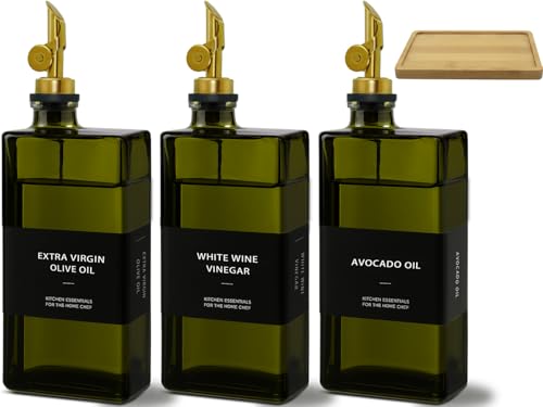 Gelury Olive Oil Dispenser Bottle for Kitchen with Bamboo Tray- Glass Oil and Vinegar Dispenser Set 16.9oz, Soy Sauce & Syrup Bottle, Modern Hostess Gift (Green, 16.9oz, Set of 3)