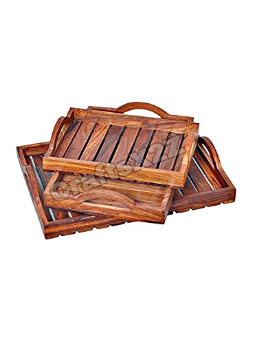 CraftsX2Z Wooden Serving Trays with Handle Decorative Wood Nesting Trays Platter Lunch Breakfast in Dinner Coffee Table Ottoman Party Couch Tray for Home Decor (Set of 3, Large & Medium & Small)