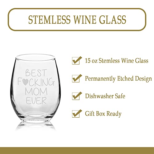 Veracco Best Fucking Mom Ever Funny Birthday Gifts For Her Grandma Stepmom From Daughter Son Wine Lover Party Favor Laser Engraved Stemless Glass (Clear) #TOP3