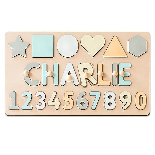 Image of WNNNS Name Puzzle for Kids Easter Basket Stuffers Personalized Baby Gifts Wooden Puzzles for Toddlers 1-3 Shapes Number Puzzle Educational Learning Toys First Birthday for Boy Girl with Gift Wrapping