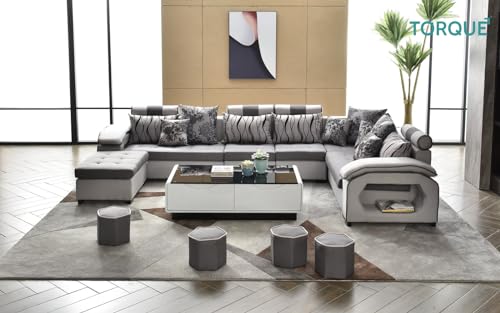 Image of Torque Silvester 12 Seater Sofa Set for Living Room (Grey) | Interchangeable U Shape Sectional Sofa | Solid Wood Frame & High-Density Supersoft Foam | Includes Puffy & Stool | Modern Home Furniture