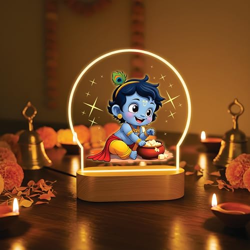 Image of Giftplease Divine Bal Krishna LED Night Light - Warm Glow Decorative Lamp for Pooja Room & Home Decor - Vibrant Printed Little Krishna /Laddu Gopal Table Lamp for Gifting & Festivals GL 10