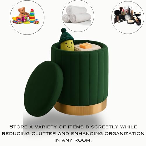 Image of Ottoman Stool with Storage, Round Dutch Velvet Cover Memory Foam Padded 32L Capacity Ottoman Bench Footrest, Pouffe, Office Stool, Makeup Chair, Vanity Chair for Living Room, Bedroom
