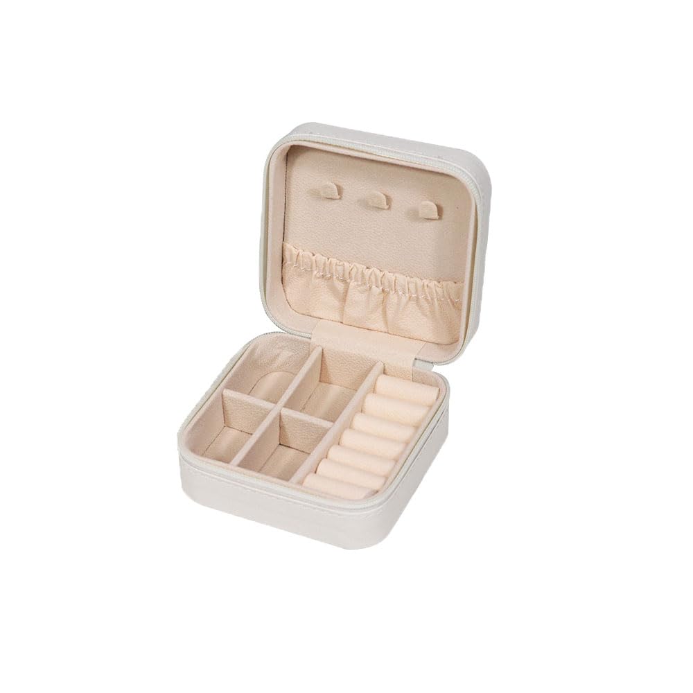 HimiluckyHimilucky Jewellery Box Organiser, Faux Leather Travel Jewelry Case with Zippers, Portable Small PU Jewelry Organiser Storage for Rings Earrings Necklace Bracelets for Girls Women, White