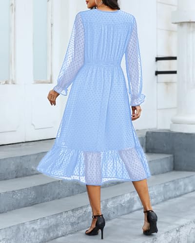 Image of Women's Fall Long Sleeve Spring Dress Wrap V Neck Swiss Dot Casual A-Line Midi Dresses with Belt