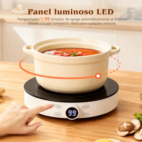 Aigostar Placa de Inducción Portátil 1 Fuego Cookmate, 2000W de Potencia en 9 Niveles, Display Táctil, Temporizador, Bloqueo para niños, Diseño en Cristal de Alta Resistencia, LED-Display, 26 cm - imagen 4