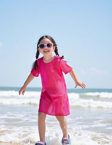 Image of Girls Swim Cover Up Kids Short Sleeve Beach Bathing Suit Bikini Cover Wraps With Pom Pom Trim 4-13 Years