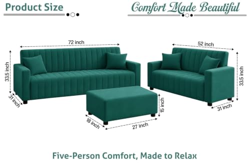 Image of Rosebell 3+2 Velet Fabric Sofa Set with Ottoman | 5-Seater Sofa | Living Room Furniture, Apartment & Office |Green-Color