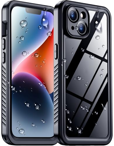 Temdan Compatible with iPhone 14 Case Waterproof Built-in Screen & Camera Protector IP68 Underwater Full Body 14FT Military Dropproof Shockproof Phone Case 6.1-Black/Clear
