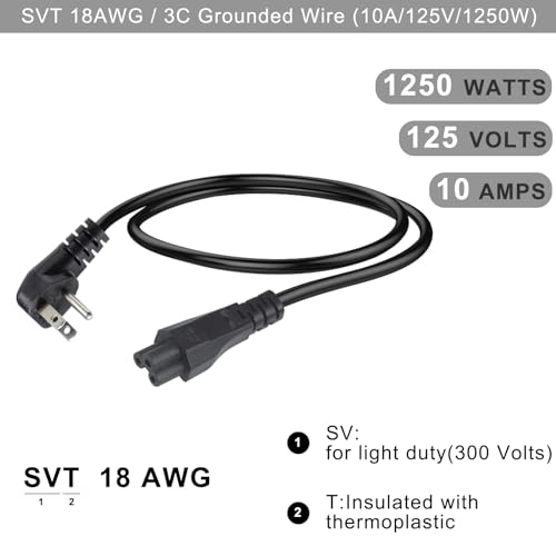 US Standard Laptop Power Cord - 2FT 18AWG 90-Degree Flat Plug NEMA 5-15P to Iec 60320 C5, Universal 3 Prong AC Power Cable Replacement Desktop Charger Cord for Notebook Computer Adapter TV Printer
