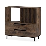 FANTASK Plattenspielerständer mit offenem Fach, Schallplattenständer mit 4 Vinyl-Fächern, Metallbeinen & Schublade, Präsentationsregal für Schlafzimmer & Wohnzimmer (Braun)