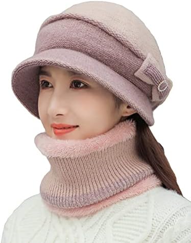 Womens Winter Knitted Hat Scarf with Fleece Lined Set Ski Hat Berets Hat