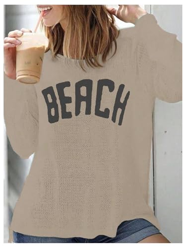 Image of Verdusa Women's Beach Cover Up Sweaters Letter Print Long Sleeve Crochet Crew Neck Knit Sweater Summer Tops