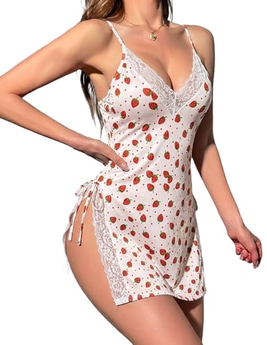 Image of Avidlove Women's Lingerie Sexy Nightgown Milk Silk Sleepwear Lace Babydoll Chemise Side Slit Nightie with Thong