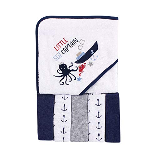 Image of Luvable Friends Unisex Baby Hooded Towel with Five Washcloths, Sea Captain, One Size