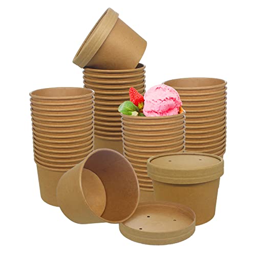 Belinlen 50 Set 12oz Kraft Paper Ice Cream Cups with Paper Lids