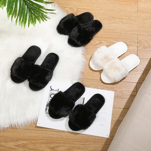 Image of Toulite 6 Pairs Bridesmaid Slippers Bulk, Black White Fuzzy Slippers for Women Fluffy Cozy Open Toe Soft Bride Slipper Wedding Ladies Furry House Shoes