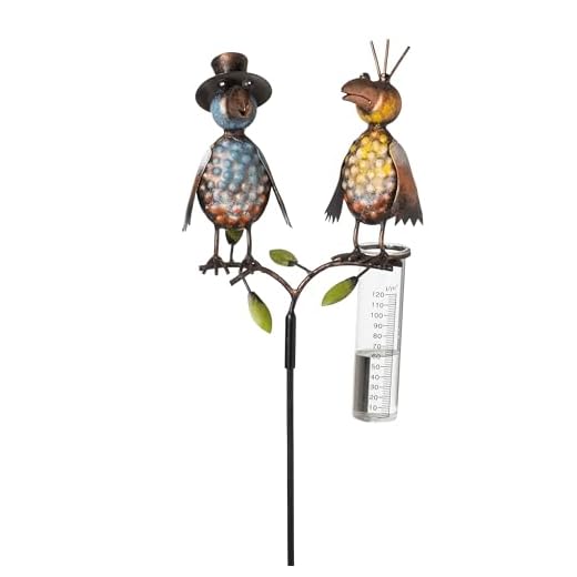 mucHome Regenmesser mit Glas Rabe aus Metall, 120 cm, Rabenpaar Vogel Gartenstecker, bunt lackiert