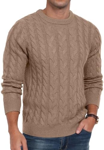 QIXING Strickpullover Herren Zopfmuster Pullover Rundhals Lässiger Langarm Grobstrick Sweater Pulli mit Rippenbündchen