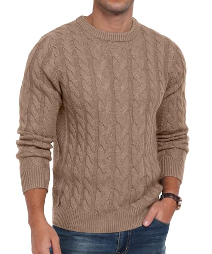 QIXING Men's Cable Knit Jumper Crew Neck Casual Long Sleeve Chunky Knit Sweater with Ribbing Edge(C Khaki, XL)
