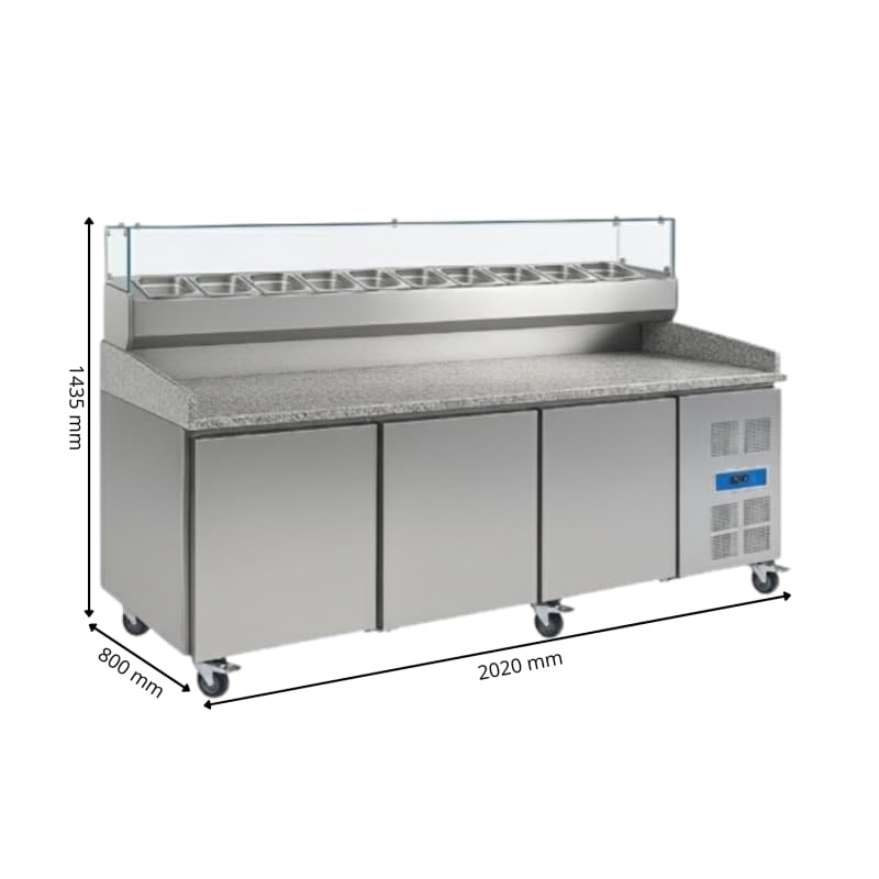 Générique Tavolo per pizza refrigerato a 3 ante con vetrina refrigerata indipendente – Piano Granito – 580L