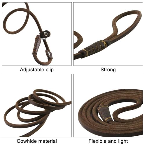 2-in-1 Hundeleine, 1,5m/5ft Leder Retrieverleine mit Zugstopp, Einstellbar Retriever Leinen mit Halsband für Hunde mit Gewicht von etwa bis 10 kg geeignet