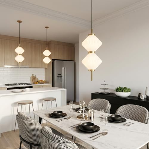 Image of Pendant Light 3-Color CCT (Warm + Natural + Cold White) Ribbed Acrylic Gold Metal Hanging Light for Living Room Bedroom Dining