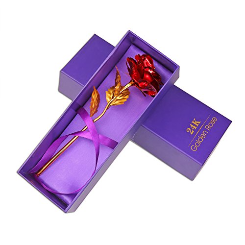 Rosa 24 K chapado en oro rosa flor con caja de regalo mejor regalo para el día de San Valentín Día de la madre Navidad cumpleaños dorado/rojo/morado/azul (Rojo)