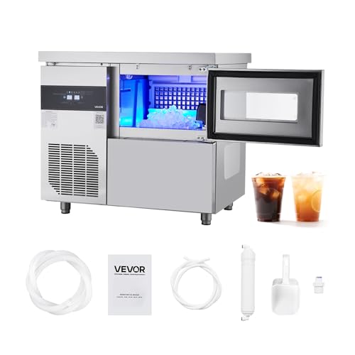 VEVOR Commercial Ice Maker Machine, 132 lbs/24H Stainless Steel Ice Machine with Worktop, 30 lbs Storage & 70 Cubes/Cycle, Self-Cleaning Freestanding Ice-Making for Home Bar Office Restaurant Kitchen