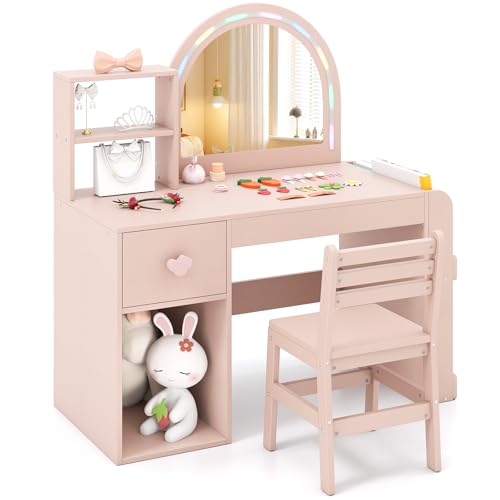COSTWAY Tocador de Maquillaje Niña, Tocador Niña con Silla Ergonómica, Espejo Iluminado, Estantería de 2 Niveles y Cajón de Almacenamiento, Juego de Mesa de Maquillaje para Niños de 3+ Años (Rosa)