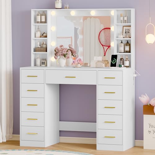 Image of Wodeer Makeup Vanity with Drawers, 43 inch White Vanity Desk with Mirror and Lights, 11 Drawers & 4 Shelves, Power Outlet & Adjustable LED Lights, Dressing Table for Women & Girls Bedroom