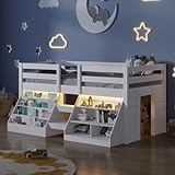chartustriable Twin Size Low Loft Bed with Stairs for Kids, Wooden Twin Loft Bed with LED Light & Safety Guardrail & Bookcase & Under-Bed Play Space, White