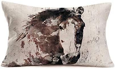 Horse Pillow Covers Vintage Oil Painting Animal Horse Hand Painted Throw Pillow Case Cotton Linen Decorative Pillowcase Cushion Cover for Home Sofa Couch Car Bedroom Rectangle Size 12x20 Inch(O-Horse)
