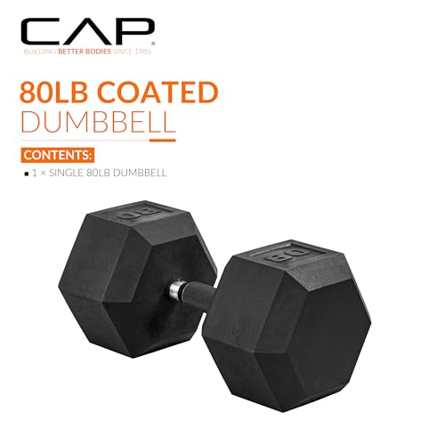 Image of CAP Rubber Coated Dumbbell Weights, Free Weights for Home Gym Strength Training, Anti-Roll Hex Dumbbells with Black, Chrome & Comfort Grip Handles, Singles