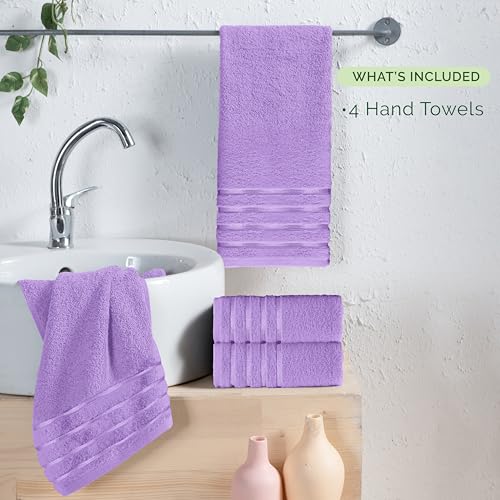 Image of Elegant Comfort 100% Turkish Cotton 4 Lines Viscose Stripe Luxury 4 Pack Hand Towel Set - Ultra Absorbent and Soft 16 x 28 Inch Premium Hotel Spa Quality Towels for Everyday Bath Use, Lilac