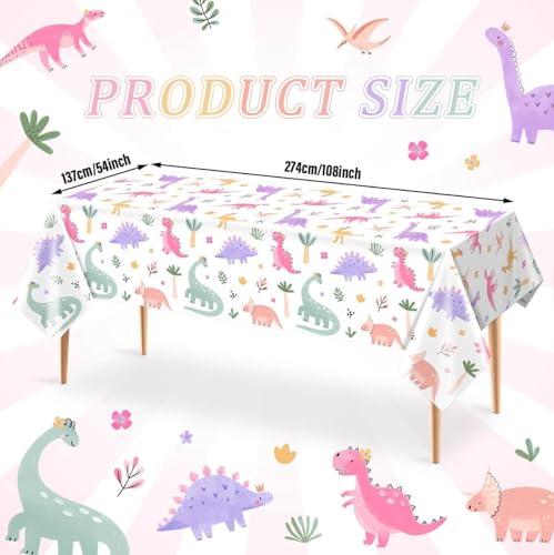 Image of 3pcs Pink Dinosaur Birthday Tablecloths 108x54inch Watercolor Dinosaur Birthday Decorations for Girls Dino Birthday Party Disposable Table Covers