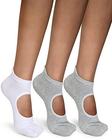 ODODOS Yoga Socks for Women Girls, Non-Slip Cotton Full Toe Socks with Grips for Pilates, Dance, Barre, Fitness and Ballet, White+Gray+Gray, Small-Medium