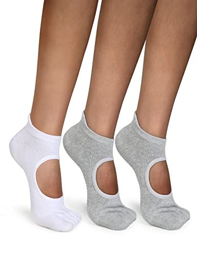 Ododos Yoga Socks For Women Girls, Non-Slip Cotton Full Toe Socks With Grips For Pilates, Dance, Barre, Fitness And Ballet, White+Gray+Gray, Small-Medium #TOP3