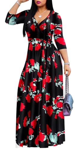 Image of Women's Floral Maxi Dress Summer Casual V-Neck 3 /4 Sleeve Long Bohemian Print Evening Party Dress