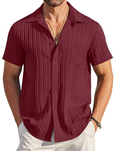 COOFANDY Mens Casual Button Down Shirts Short Sleeve Textured Linen Summer Beach Shirt with Pocket