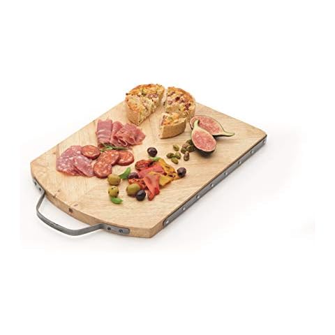 KitchenCraft Industrial Kitchen Wooden Serving Platter / Chopping Board with Iron Handle, 41 x 26 cm (16" x 10"), Brown Cover
