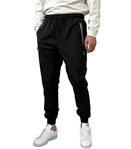 Southpole Men's Quick-Dry Water Resistant Nylon Track Jogger Pants W/Zipped Pockets, Black #TOP18