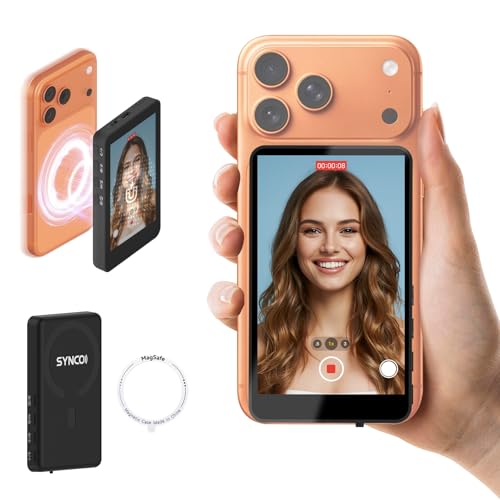 SYNCO XView Selfie Monitor Screen for iPhone 17 Series & Android, Wireless 4K/1080p Magnetic Vlog Back Camera Monitor with 164FT Range, Built-in Speaker for YouTube TikTok Live Streaming Photo(Black)
