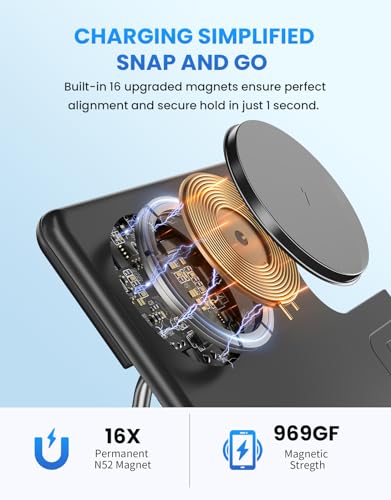 JoyGeek 3 in 1 Wireless Charging Station for MagSafe, Foldable Travel Charging Stand/Pad for iPhone 15/14/13/12 Series, Magnetic Charging Dock for Apple Watch Ultra 2/9/8/7/6/SE/5/4/3,AirPods Pro/3/2