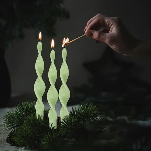 Image of Smokeless Green Spiral Taper Candle Handmade Unscented Taper Candlesticks 10 Inch Long Twisted Candles for Candlelight Dinner Decor Wedding Church 2 Pcs