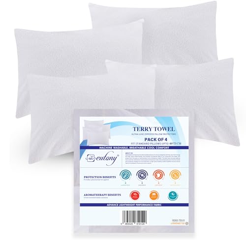 Eutony Pillow Protectors Waterproof 4 Pack Terry Towel Zipped - Ultra Luxe Zipped Waterproof Pillow Protectors, Soft & Breathable Hypoallergenic 50 x 75cm - White